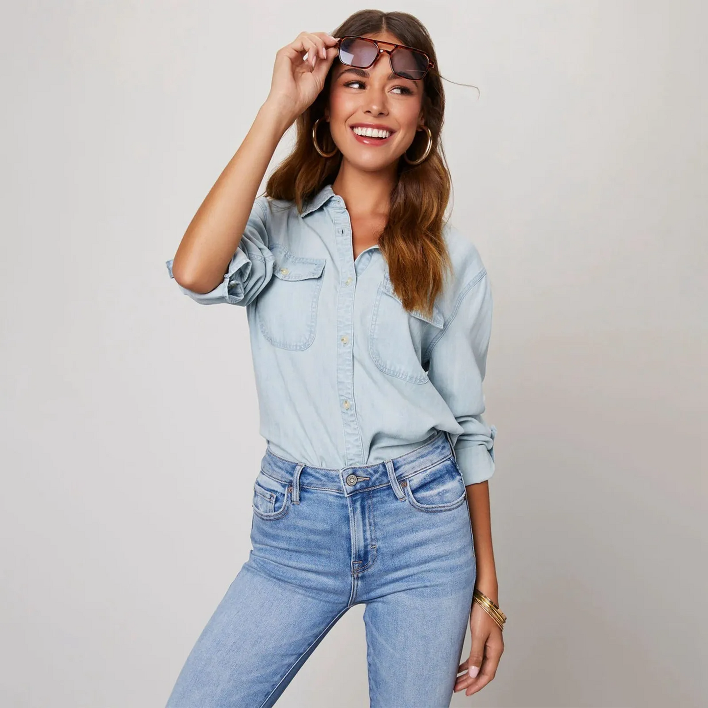 Unisex relaxed-fit soft-wash denim button-up shirt in classic blue, lightweight breathable casual style