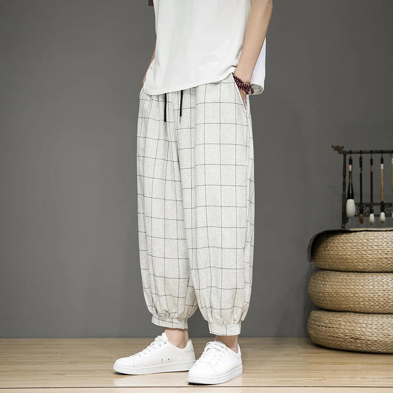 Unisex gridline cotton-linen blend trousers relaxed tailored fit breathable warm-weather style