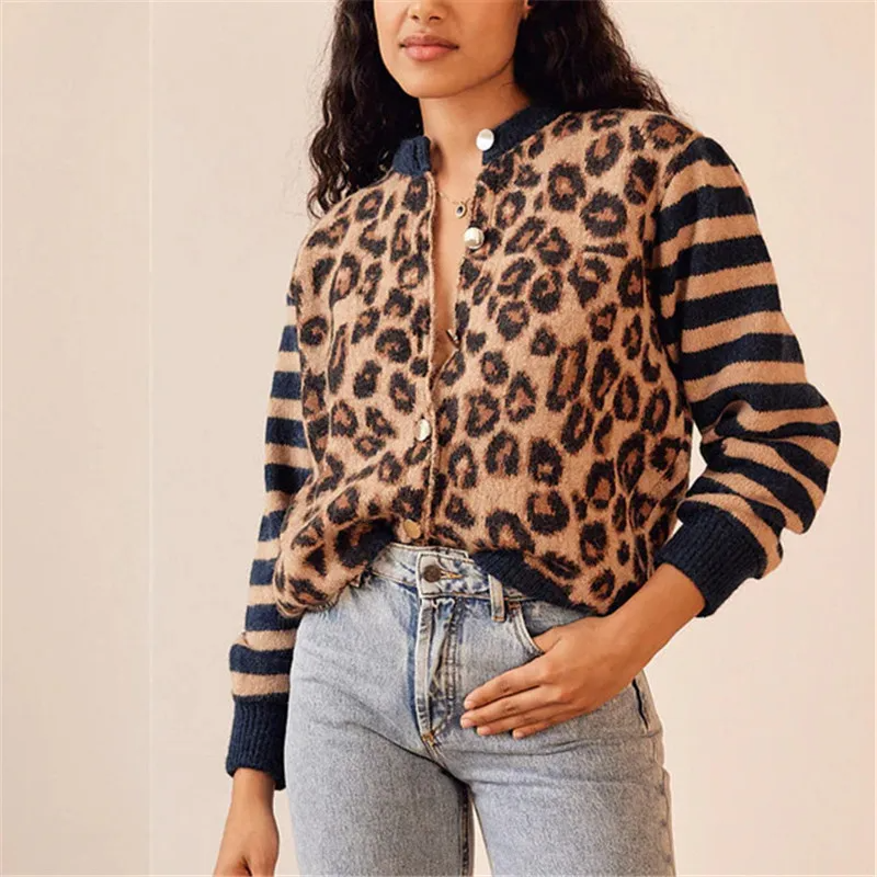 Women's leopard print knit cardigan with bold contrast stripes and plush roaring texture