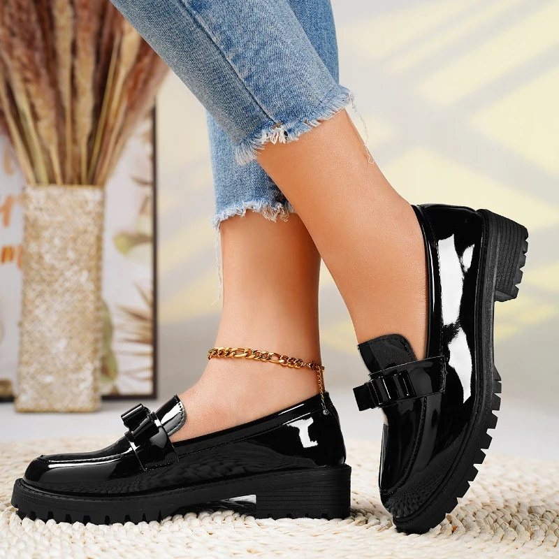 Women's patent leather bow loafer high-gloss finish chunky lug sole slip-on fashion shoe