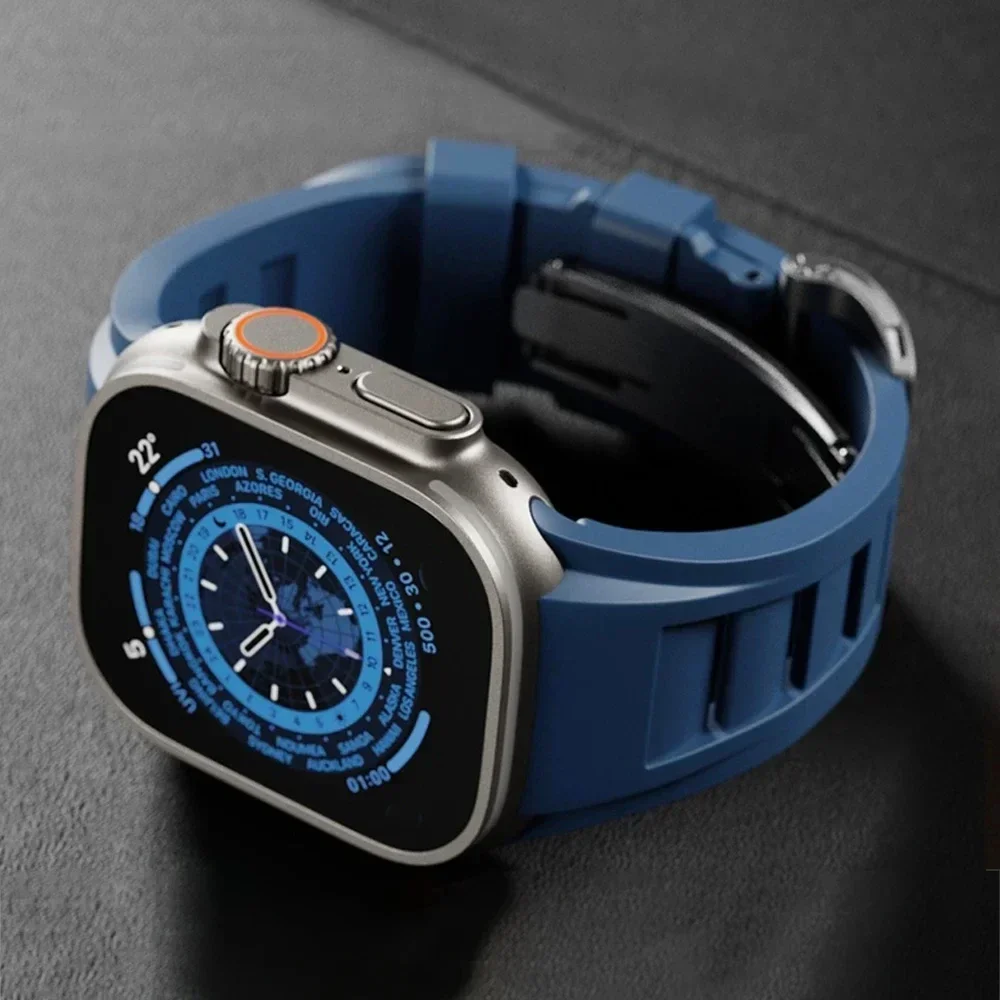 Rugged fluoroelastomer Apple Watch band in black with stainless steel clasp for extreme athletes