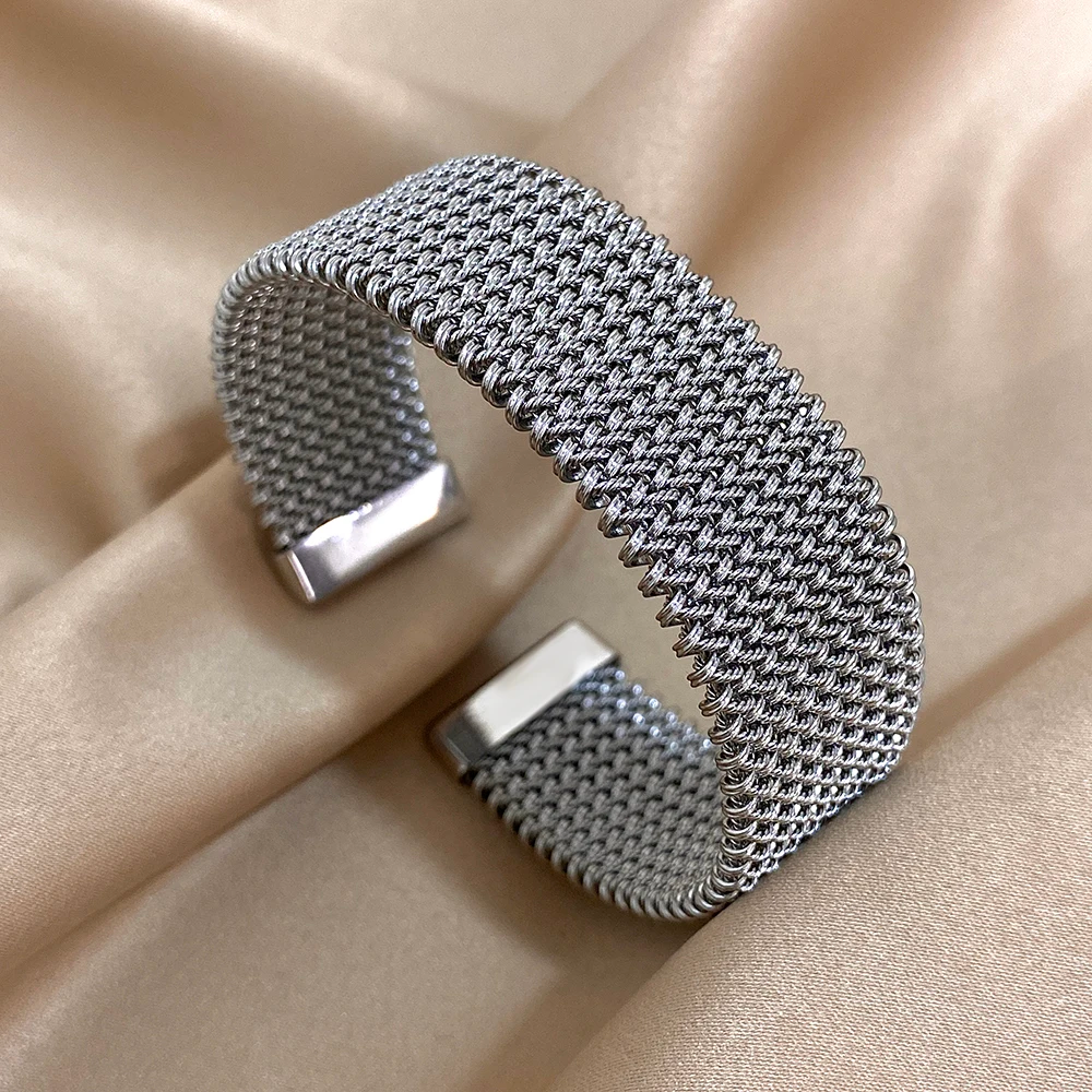 Stainless steel mesh open cuff bracelet for women, precision-woven lightweight silver design