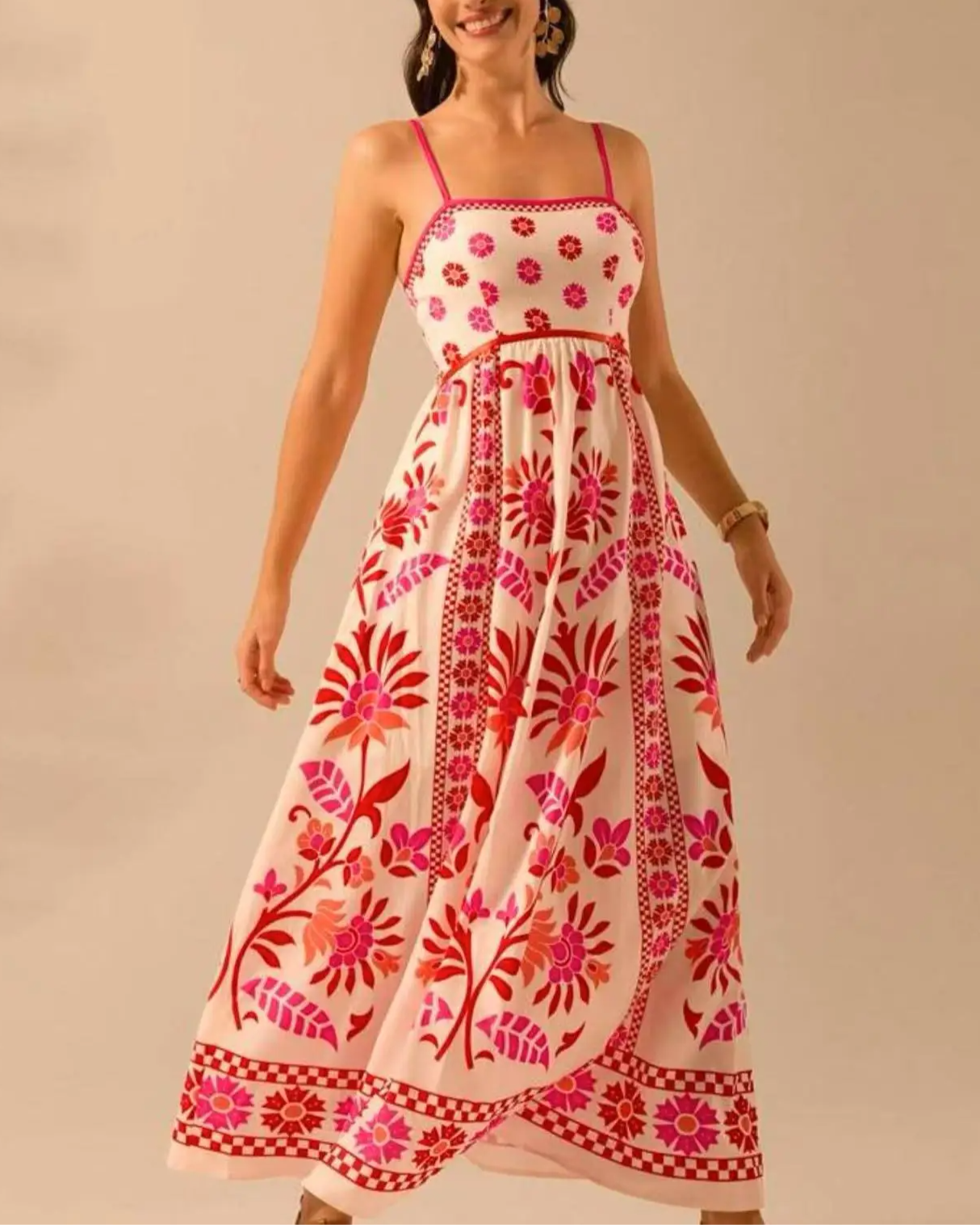 Women's boho floral maxi dress in sunset hues, A-line silhouette with delicate strap neckline