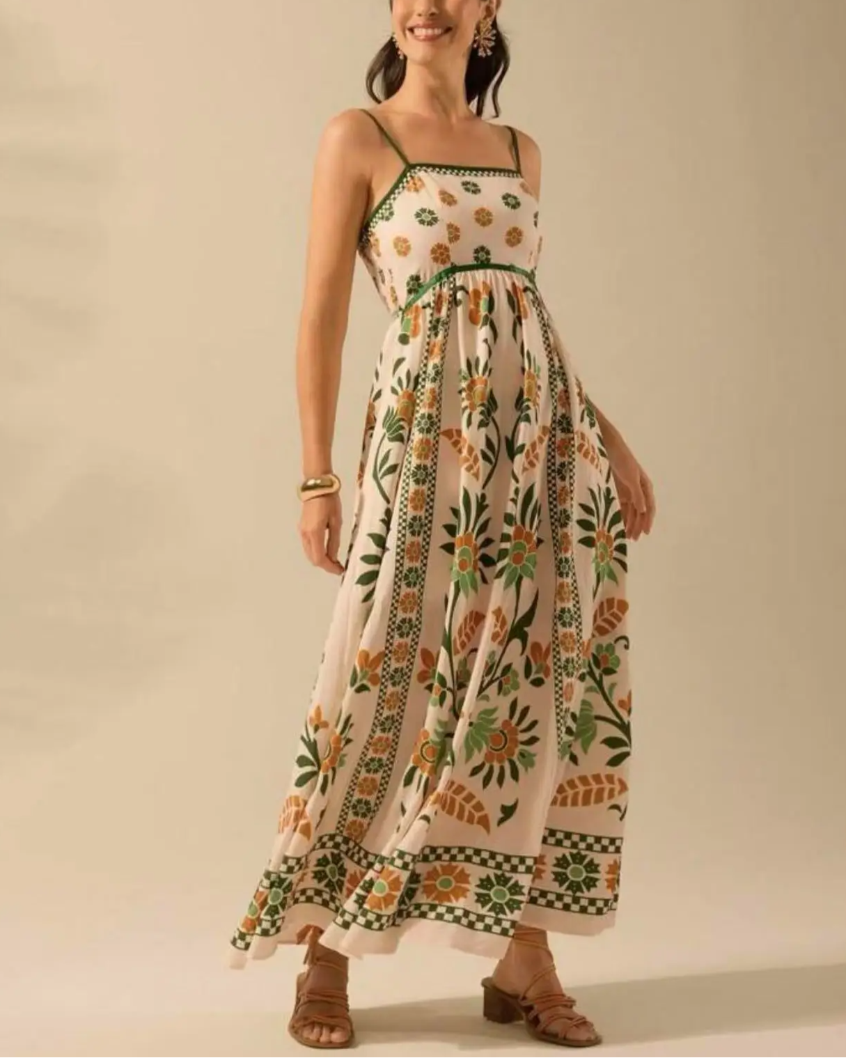Women's boho floral maxi dress in sunset tones, A-line silhouette with delicate strap neckline