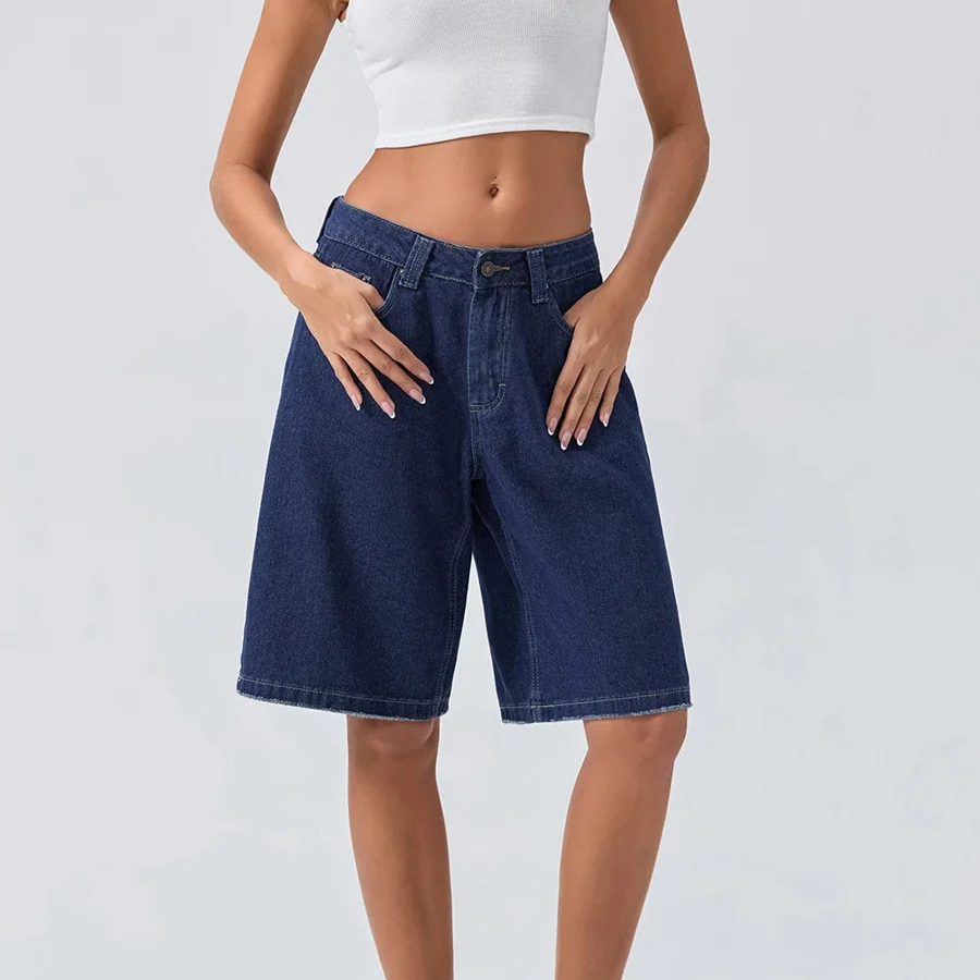 Women's vintage washed denim Bermuda short mid-waist structured fit soft-touch everyday casual style