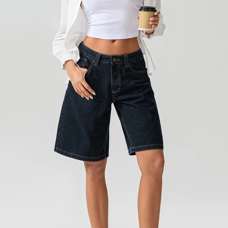 Women's vintage washed denim Bermuda short mid-rise structured fit soft-touch everyday casual style
