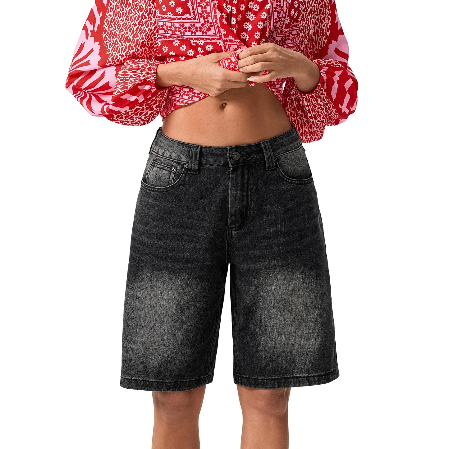 Women's vintage washed denim Bermuda short, mid-rise structured fit with soft-touch comfort