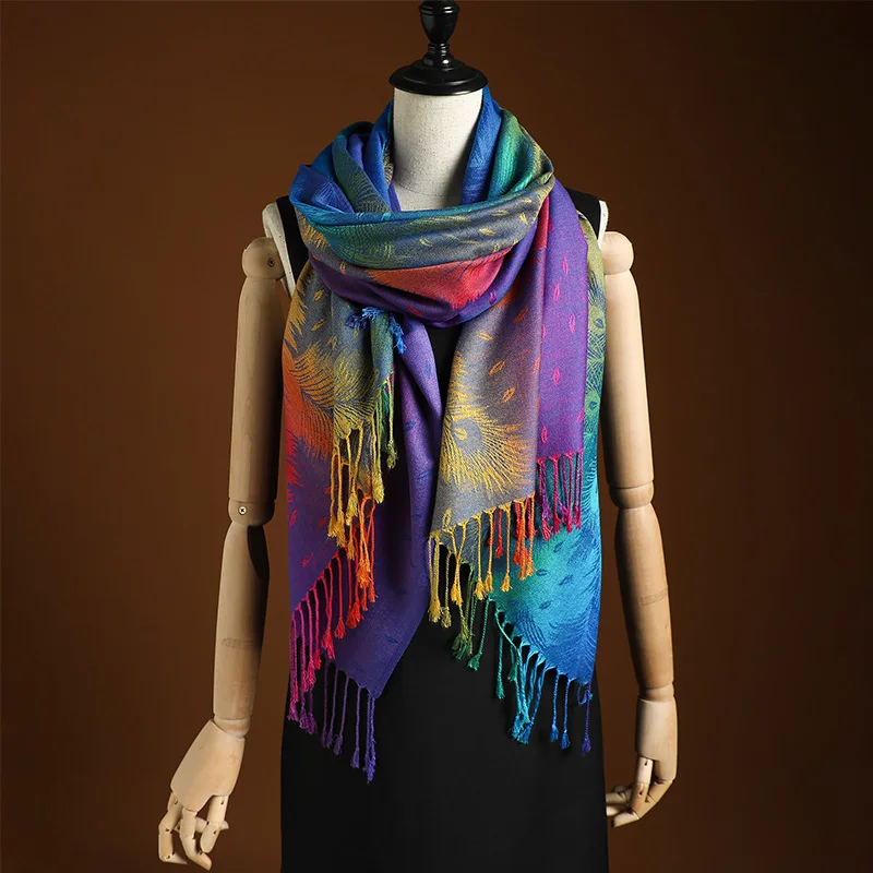 Ombre gradient fringe shawl jewel dusk to twilight hand-loomed boho wrap soft breathable