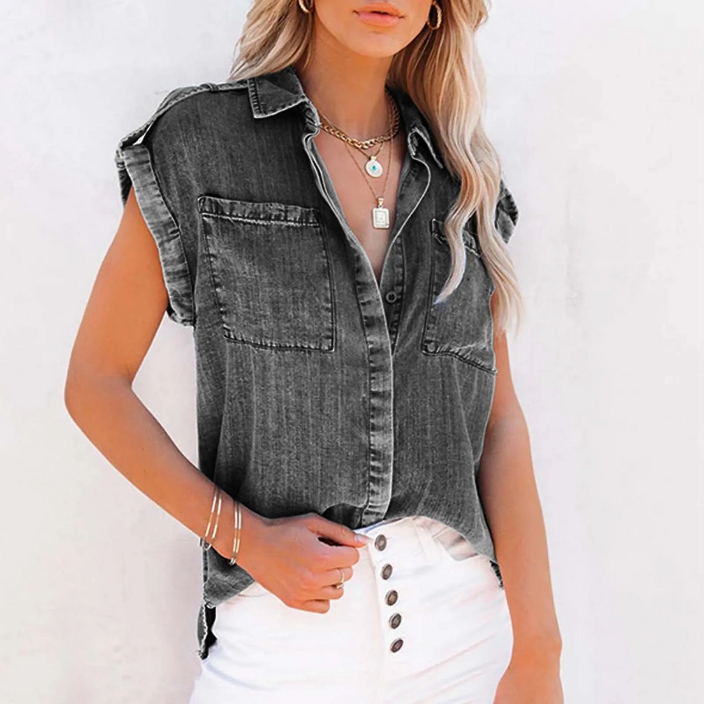 Women's light blue denim vest flattering tailored fit ultra-light breathable cotton versatile layer