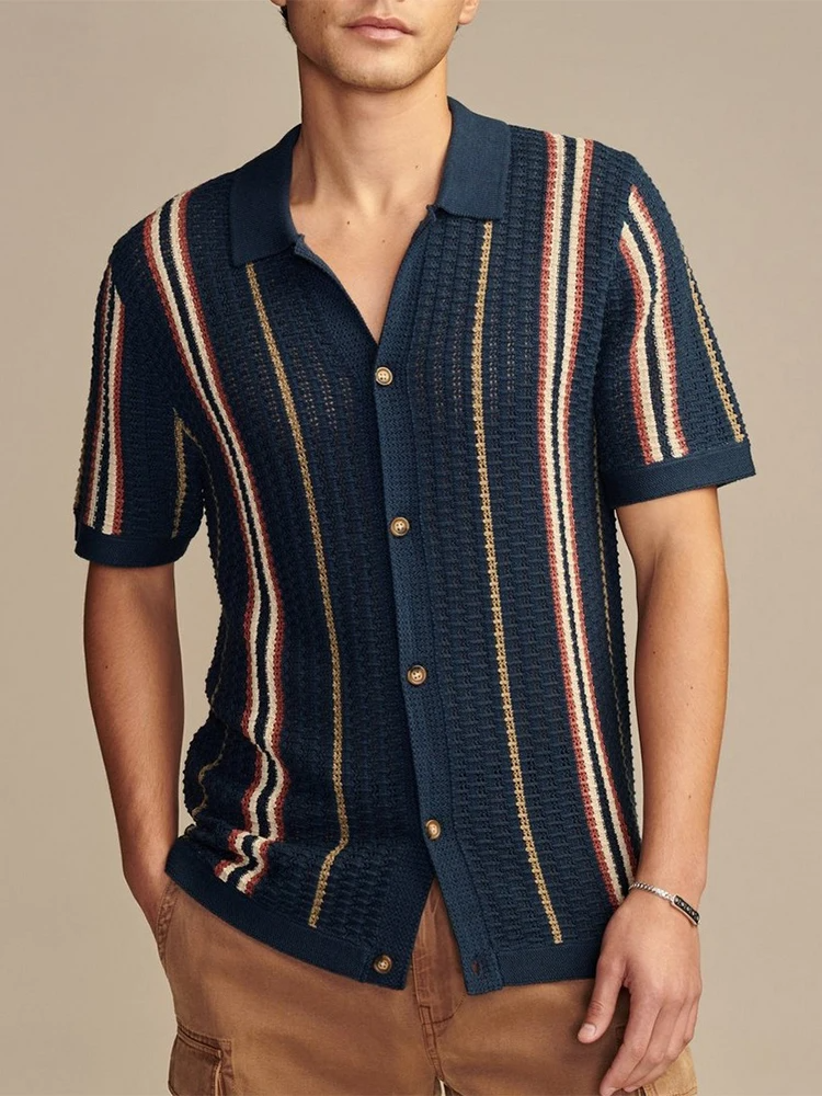 Men's retro stripe viscose knit button-up shirt relaxed fit ultra-lightweight open weave cabana style