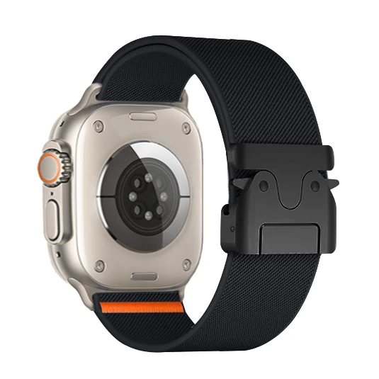 Vantage nylon Apple Watch band with stainless steel parachute buckle, breathable stretch-resistant strap for athletes