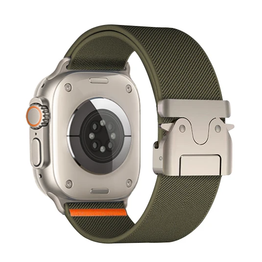 Vantage Apple Watch nylon strap with stainless steel parachute buckle, breathable stretch-resistant athletic band