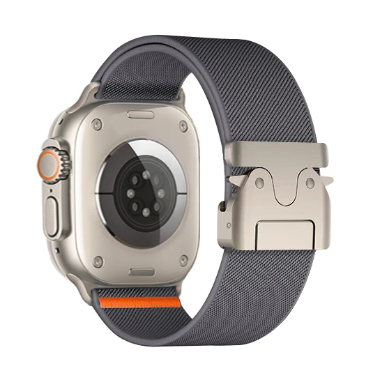 Vantage nylon Apple Watch band with stainless steel parachute buckle, breathable stretch-resistant strap for athletes