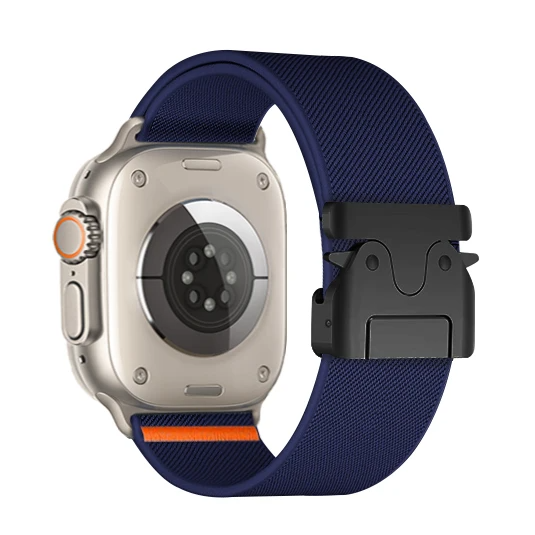 Vantage nylon Apple Watch band with stainless steel parachute buckle, breathable stretch-resistant sport strap
