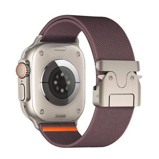 Vantage nylon Apple Watch band with stainless steel parachute buckle, breathable stretch-resistant athletic strap