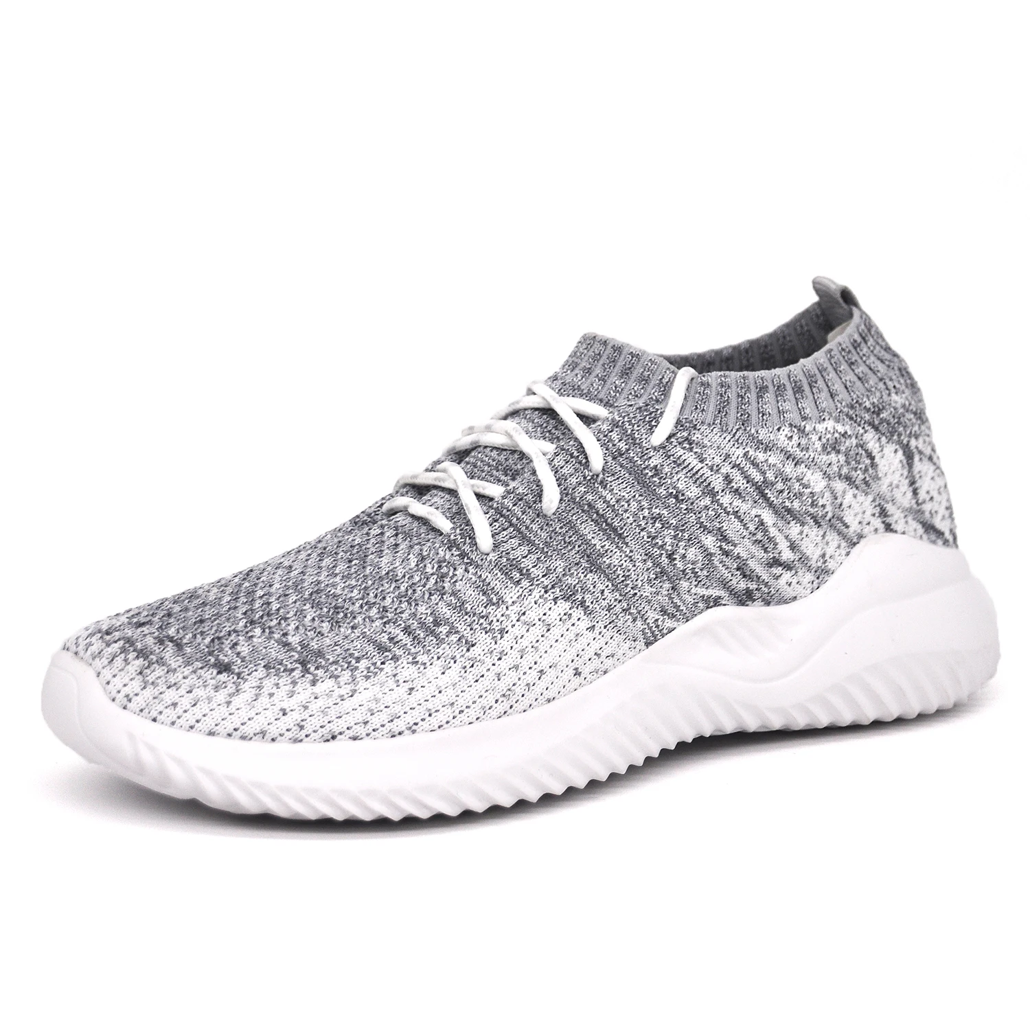 Gray stretch-knit trainer sneakers with sock-like fit and cushioned midsole for everyday athletes