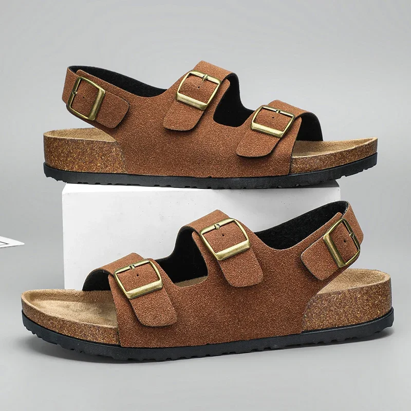 Oasis adjustable matte-brushed buckle sandals with contoured arch support for poolside comfort
