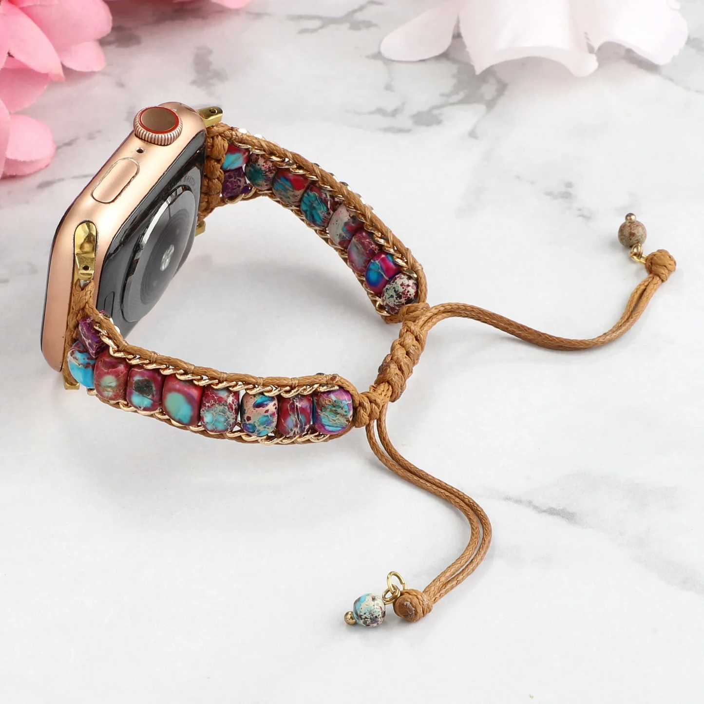 Handwoven boho Apple Watch band with natural stone beads and earthy cord bracelet-style strap