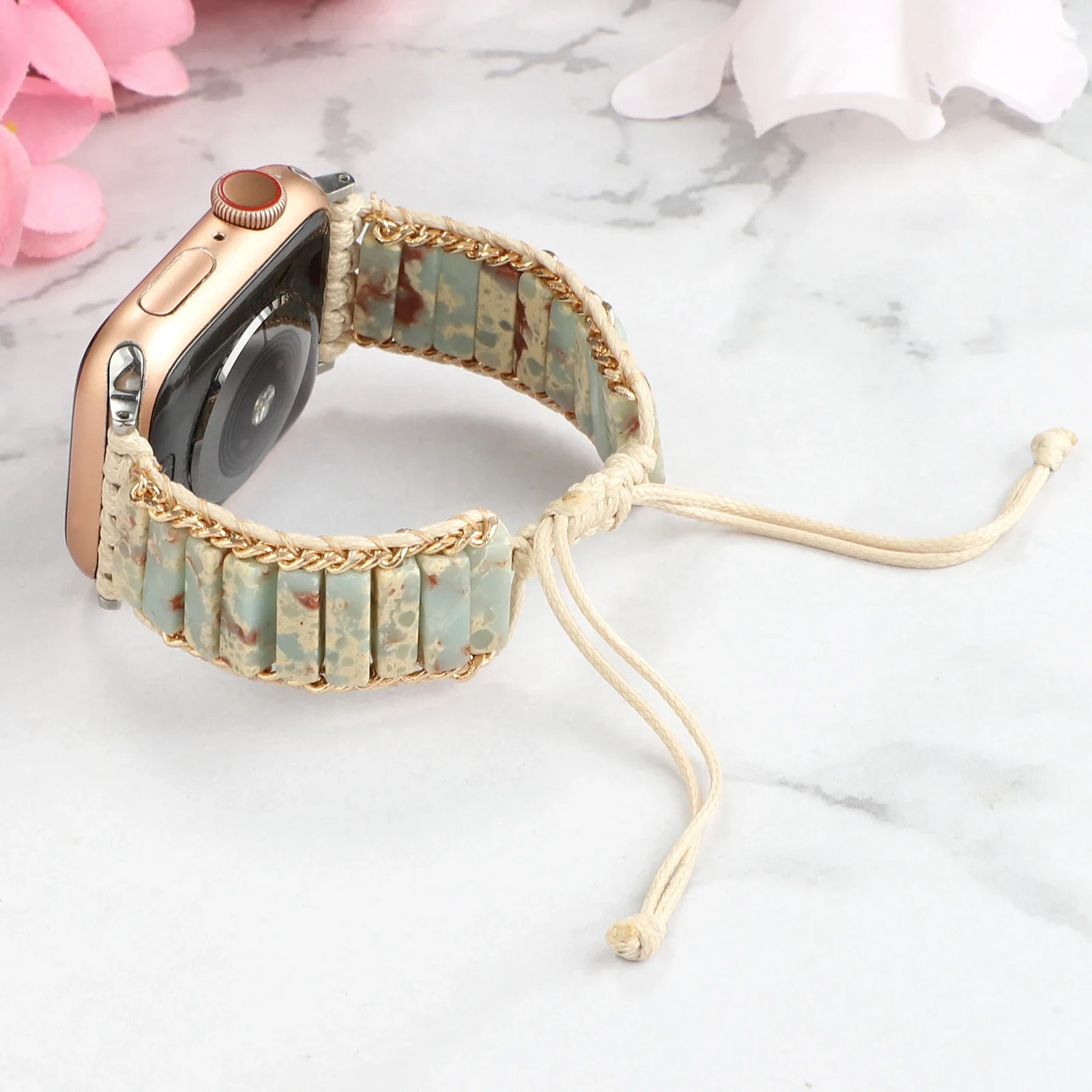 Handwoven boho Apple Watch band natural stone beads earthy cord bracelet-style strap artisan craft