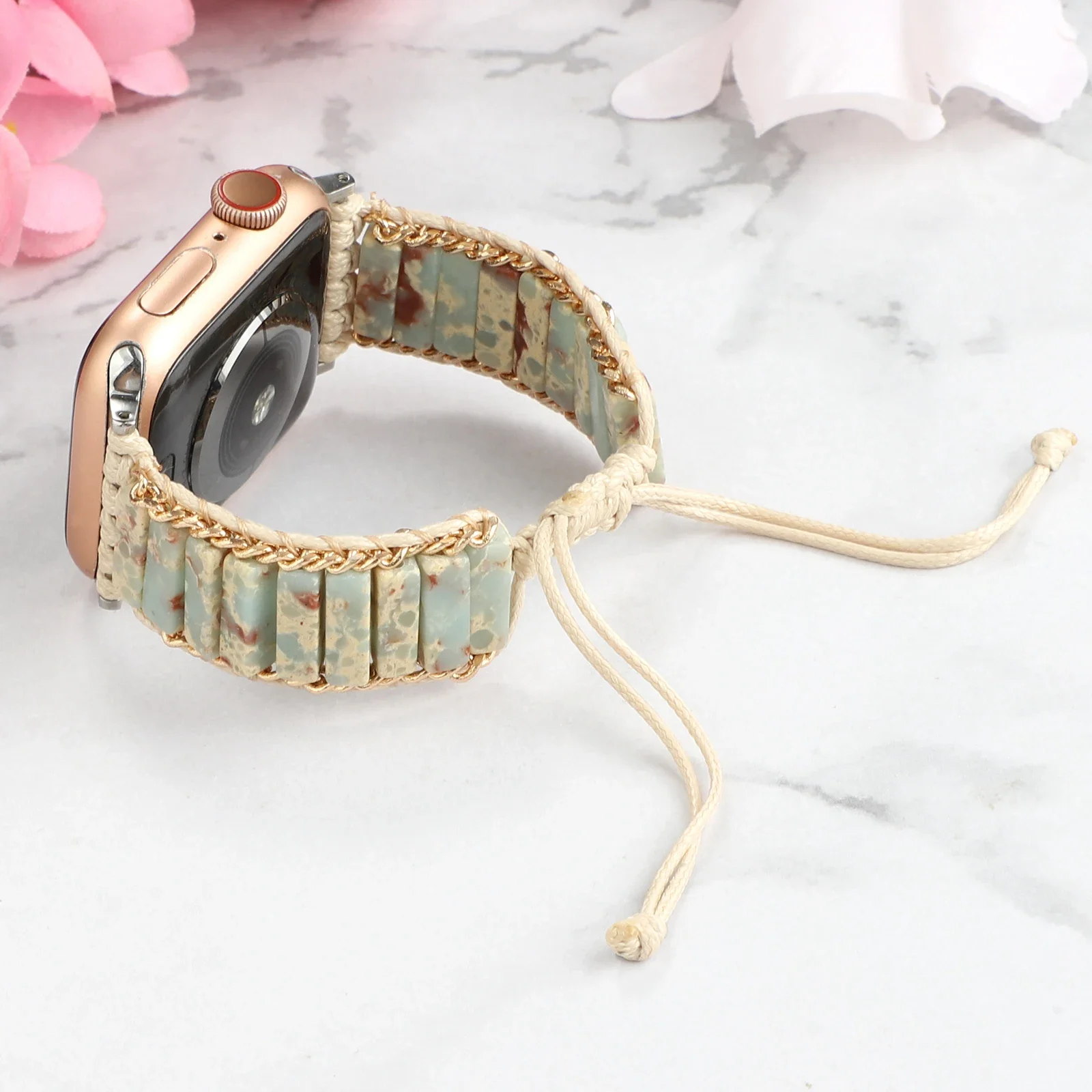Handwoven boho Apple Watch band natural stone beads earthy cord bracelet-style strap artisan craft