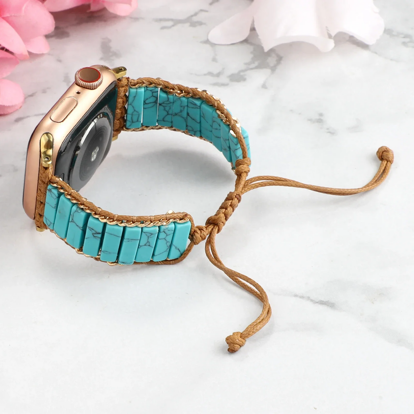 Handwoven boho Apple Watch band natural stone beads earthy cord bracelet-style strap artisanal