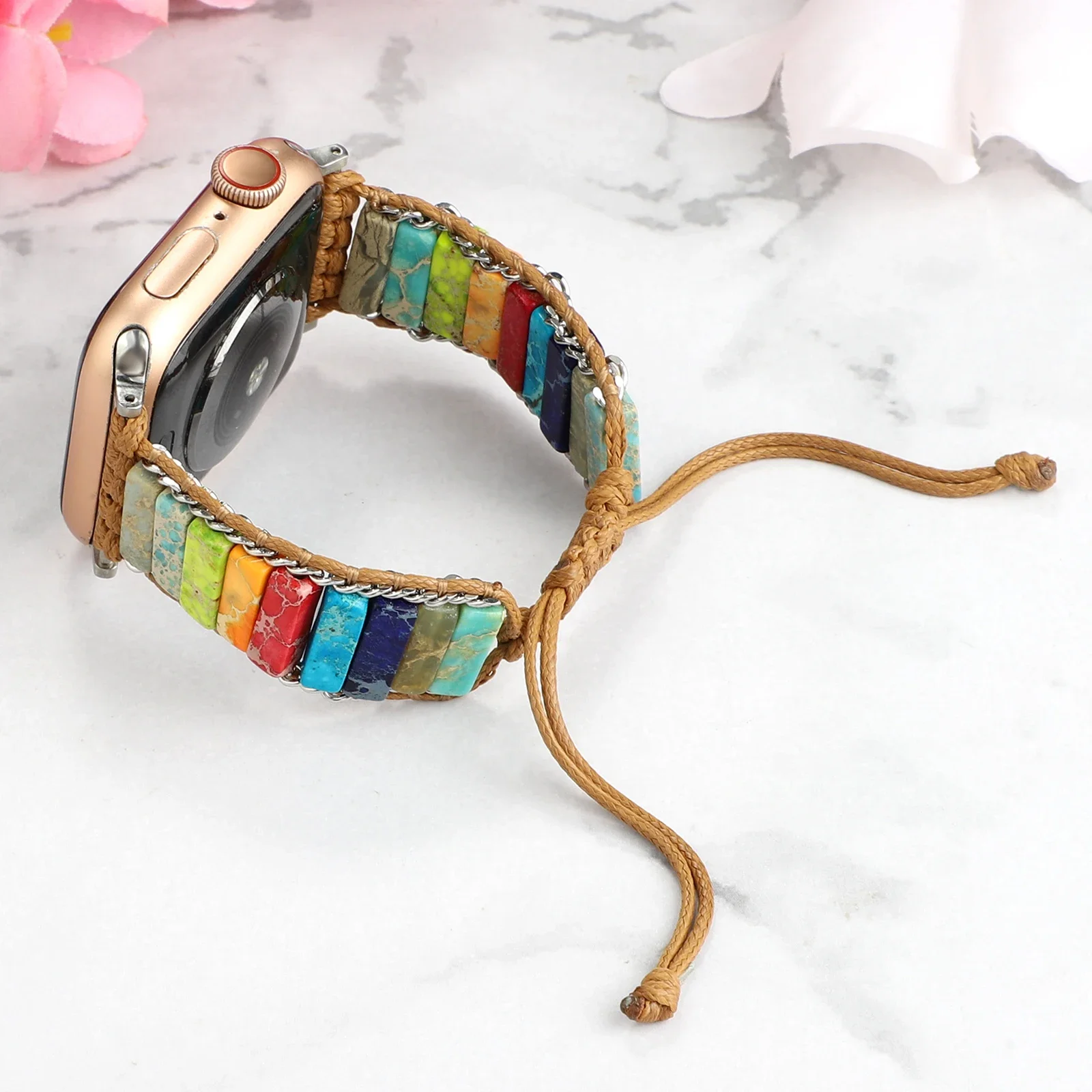 Handwoven boho Apple Watch band with natural stone beads, earthy cord, bracelet-style artisan strap