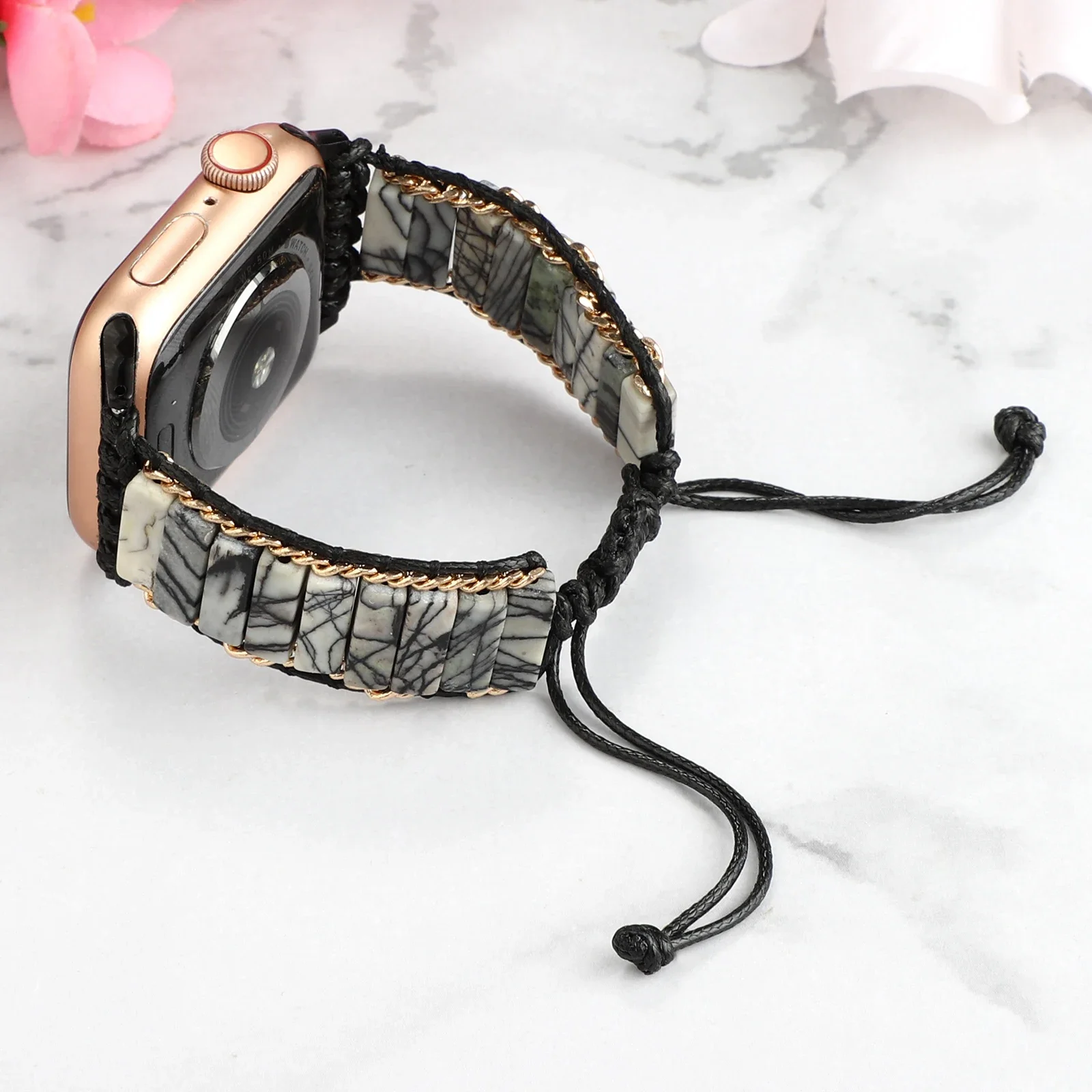 Handwoven boho Apple Watch band with natural stone beads, earthy cord bracelet-style strap