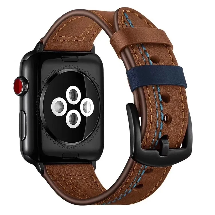 Rugged full-grain leather Apple Watch band in rich brown with natural patina and adventure-ready stitching