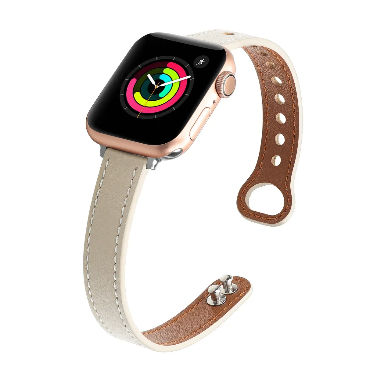 Slim two-tone genuine leather Apple Watch bracelet strap with Parisian-inspired runway design