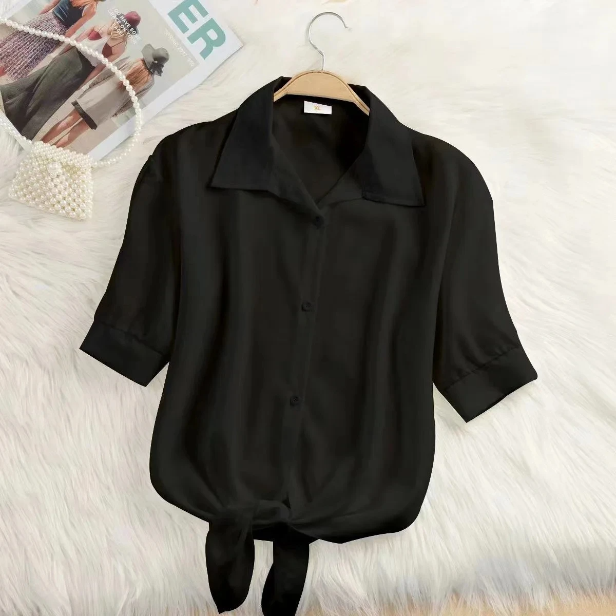 White cropped cotton linen blouse with bow-front tie detail, breathable office-ready workwear top