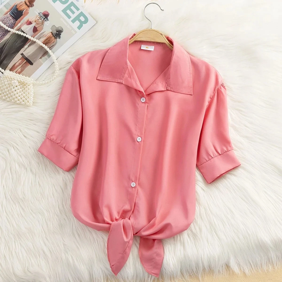 White cropped cotton linen blouse with bow-front tie detail, breathable office-ready workwear top