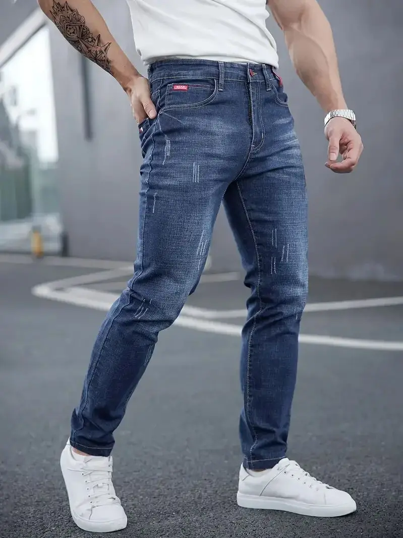 Men's tapered slim jeans dark wash distressed streetwear cut breathable stretch cotton lock-in shape