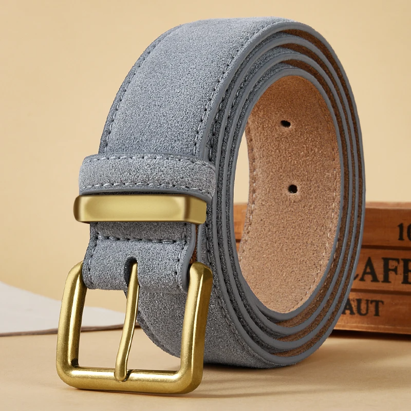 Men's brown suede leather belt with brushed brass buckle, premium cowhide casual refined style