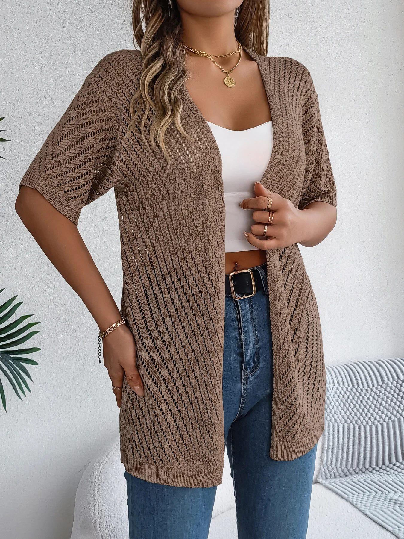Women's lightweight open-front chevron knit cardigan with breathable drape and bold zigzag texture