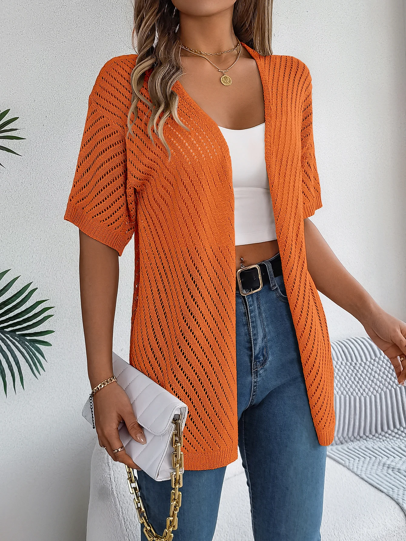 Women's lightweight open-front chevron knit cardigan with breathable drape and bold textured pattern