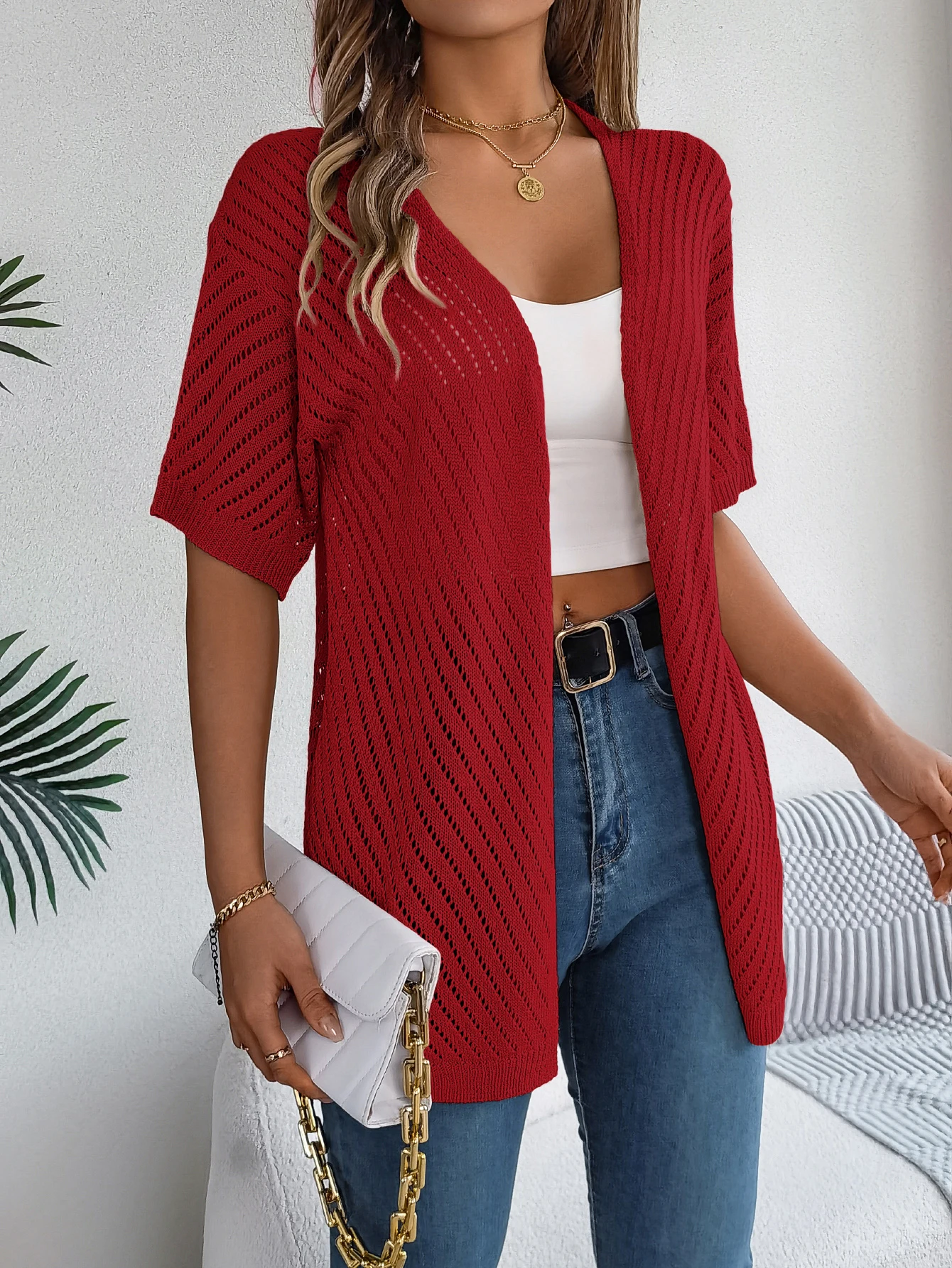 Women's lightweight open-front chevron knit cardigan with breathable drape and bold zigzag texture