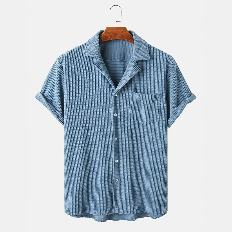 Men's light gray waffle knit button-up shirt relaxed fit breathable everyday layer ultra-soft cotton