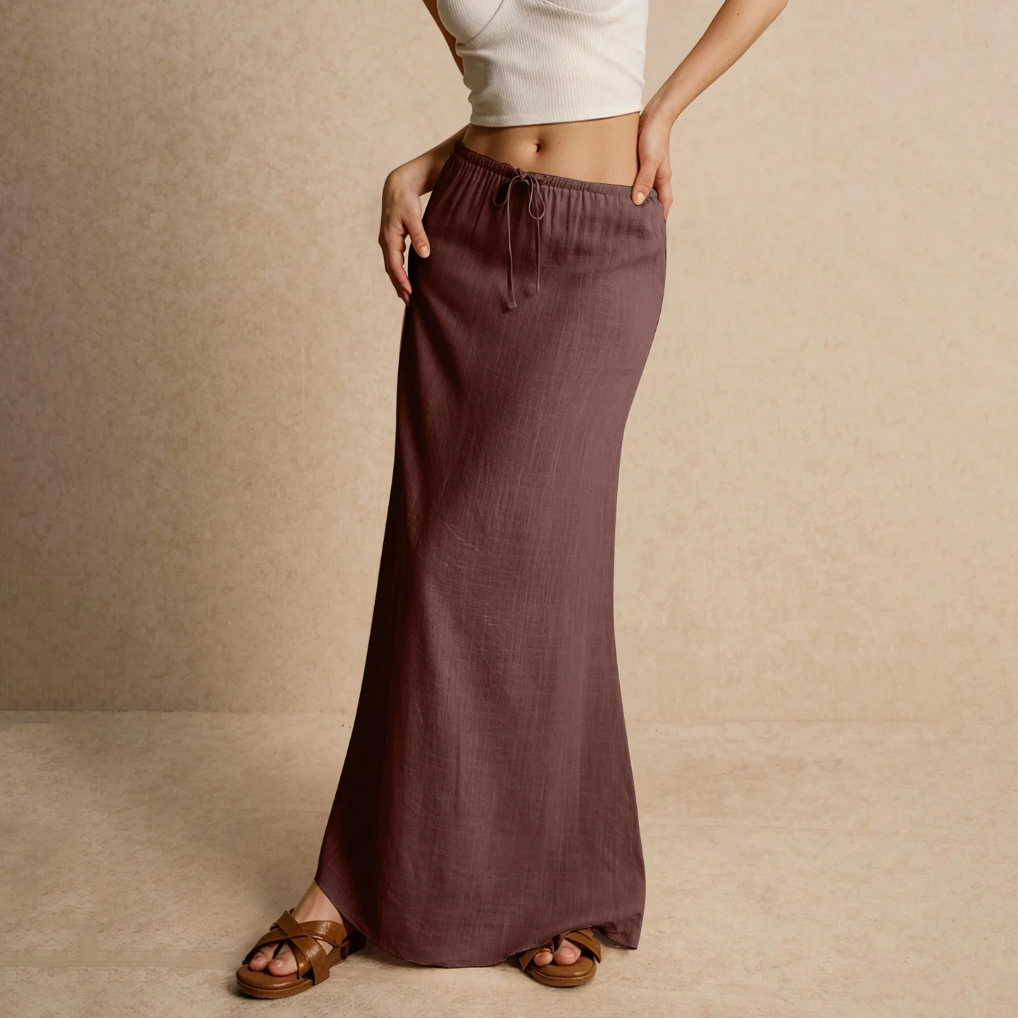 Women's ivory maxi drape skirt breathable cotton blend full-length fluid silhouette