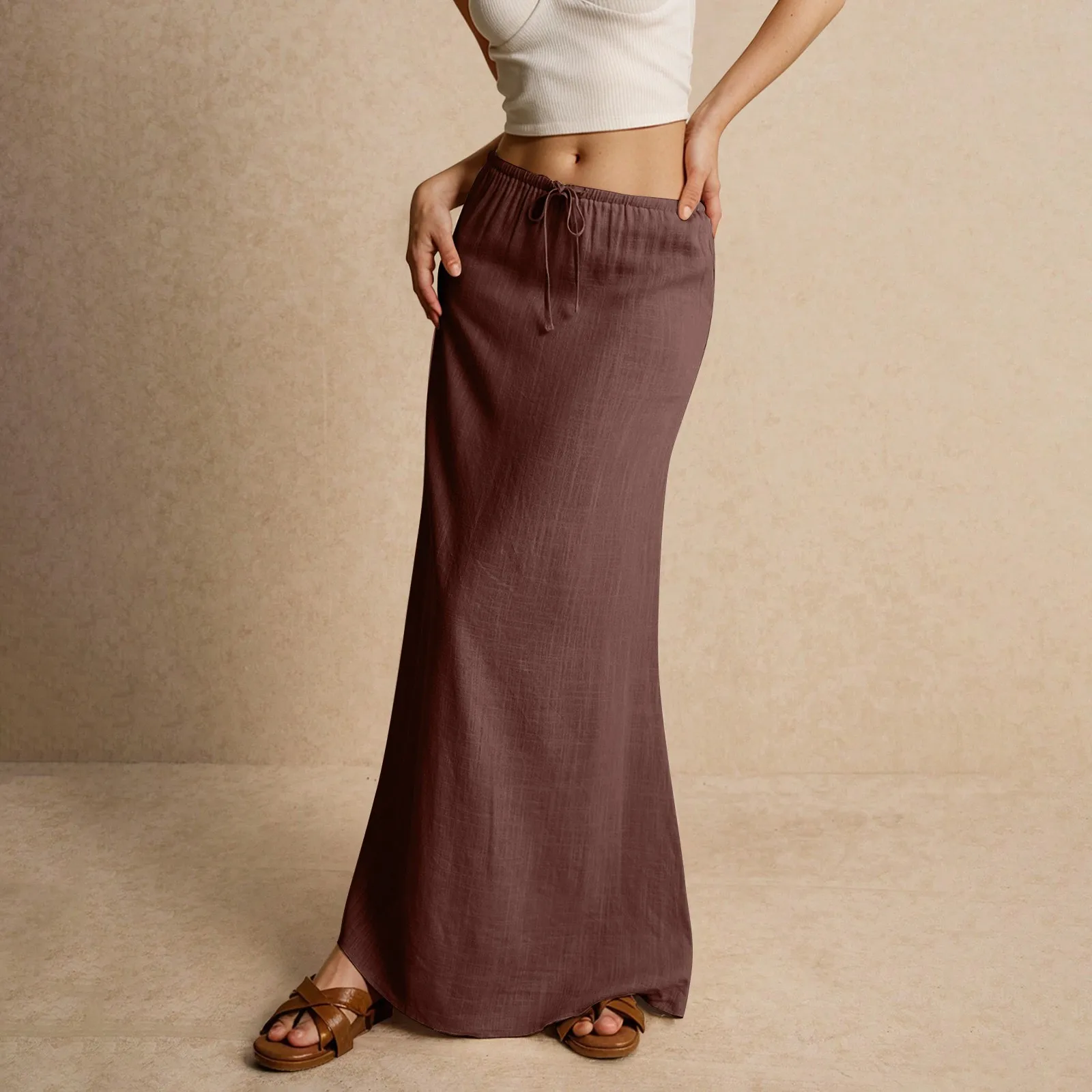 Women's ivory maxi drape skirt breathable cotton blend full-length fluid silhouette