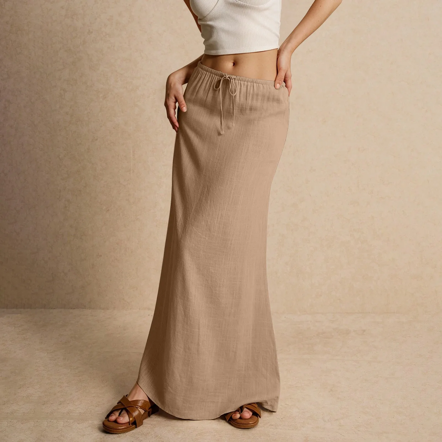 Women's maxi drape skirt soft cotton blend full-length silhouette breathable fluid flow
