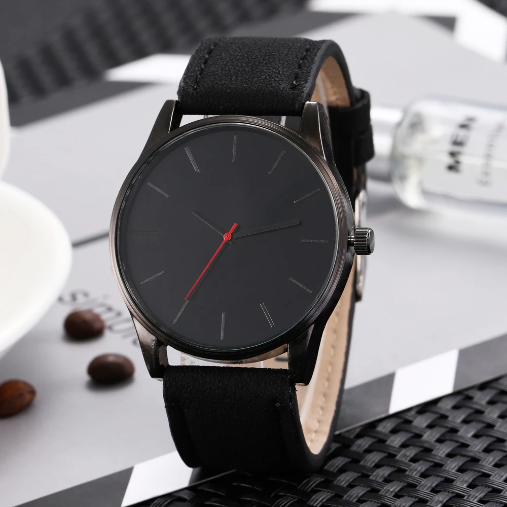 Men's minimalist watch bold black dial slim line markers confident everyday style