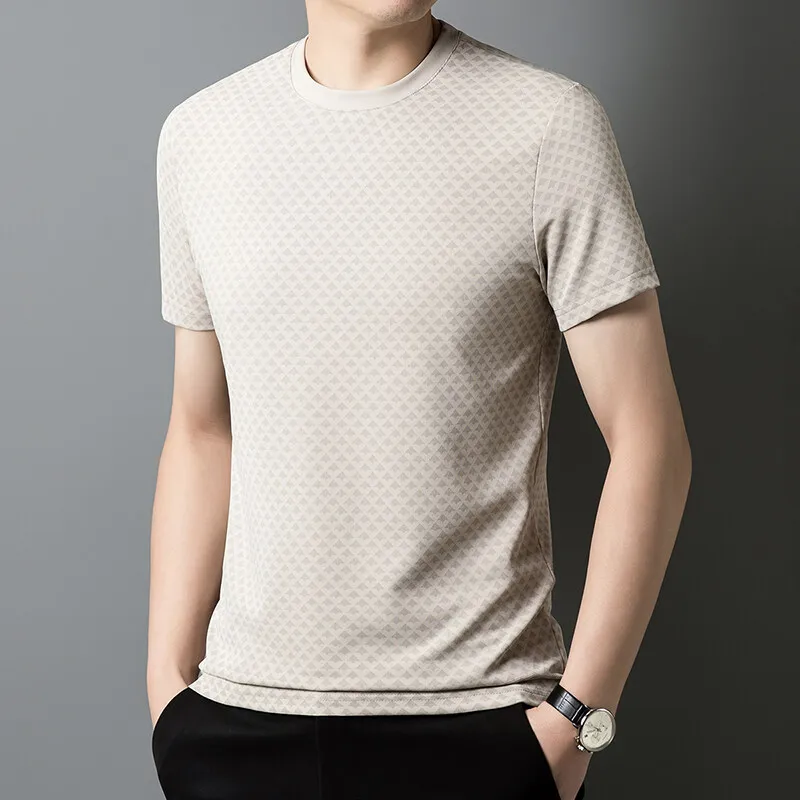 Men's waffle knit shirt sculpted fit silky stretch breathable sweat-wicking geometric texture tee