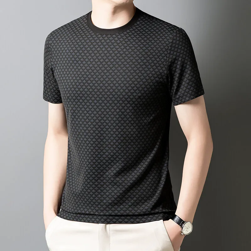 Men's waffle knit shirt sculpted fit silky stretch breathable sweat-wicking geometric texture tee