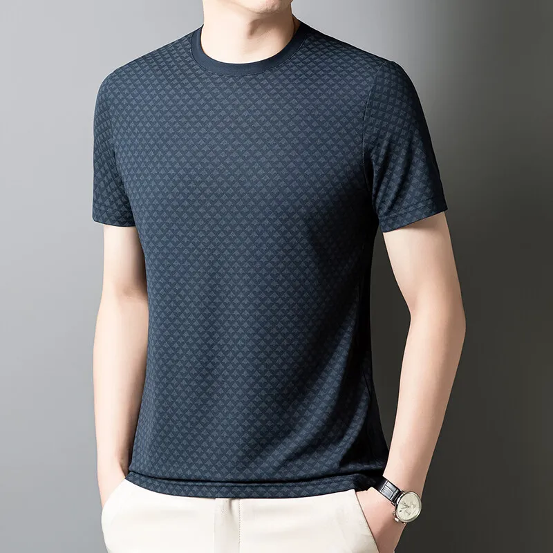 Men's waffle knit shirt sculpted fit silky stretch breathable sweat-wicking geometric texture tee