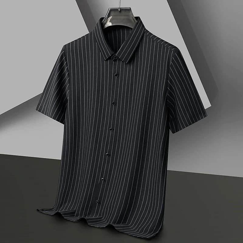 Men's white pinstripe polo shirt lightweight breathable structured collar wrinkle-resistant tailored fit