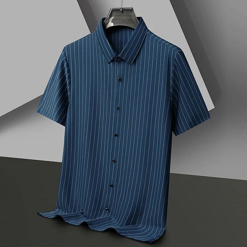 Men's white pinstripe polo shirt lightweight breathable structured collar wrinkle-resistant warm-weather style