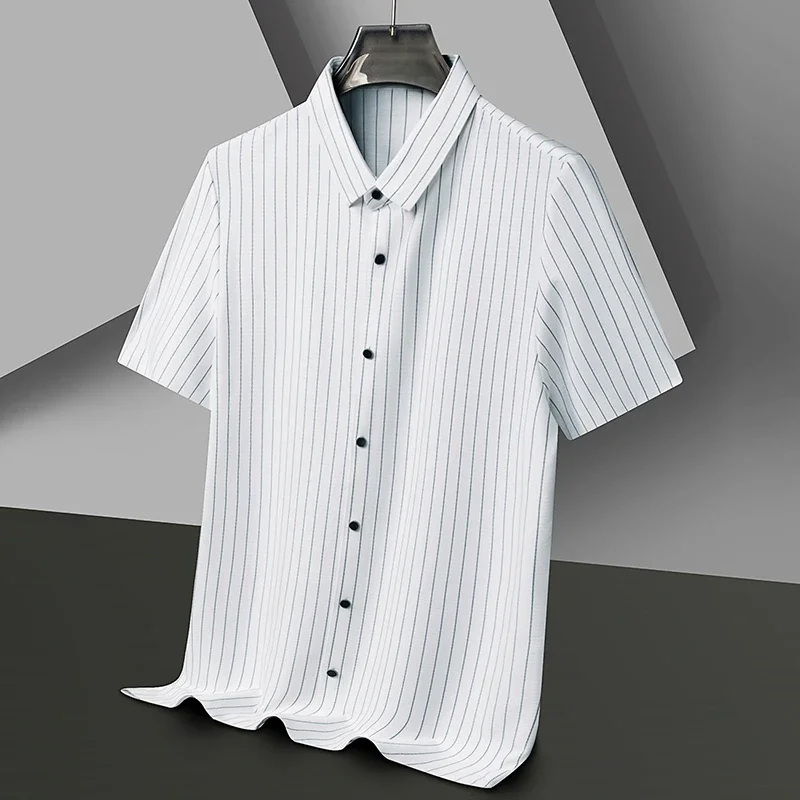 Men's white pinstripe polo shirt lightweight breathable structured collar wrinkle-resistant tailored fit