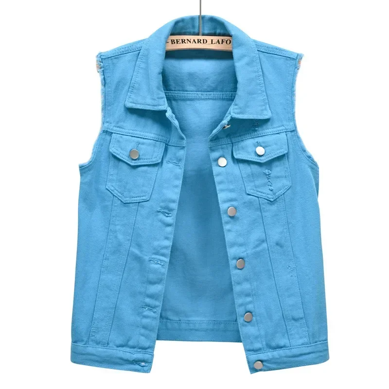 Women's structured denim vest bold color raw edge premium midweight street-style layering piece