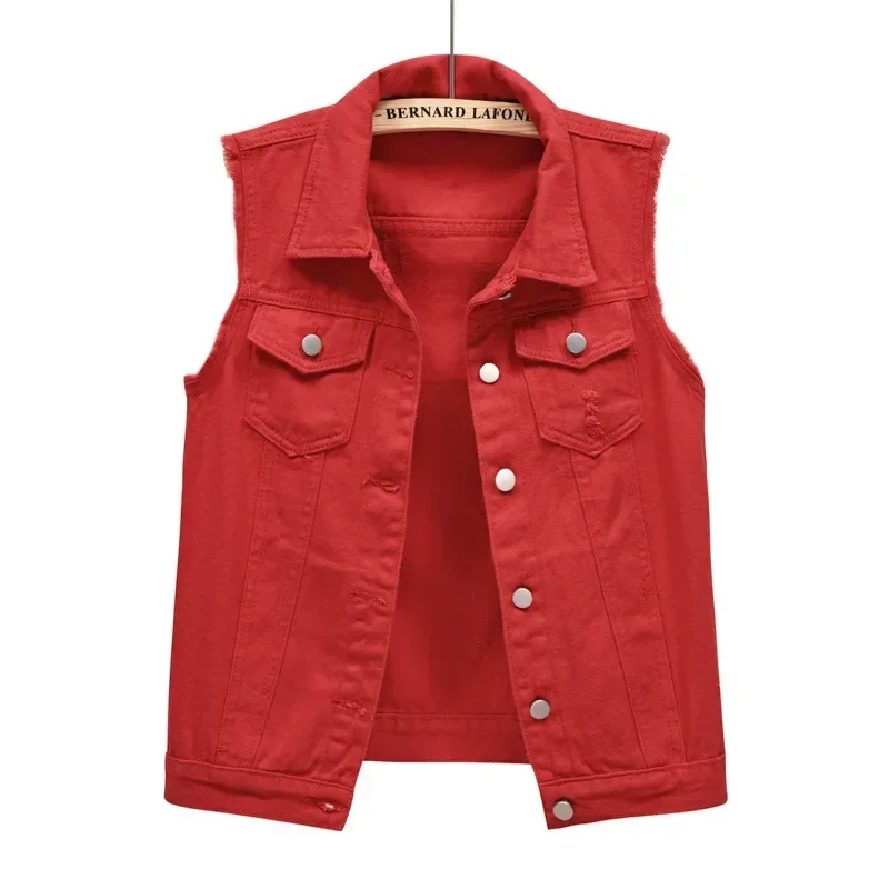 Women's structured denim vest bold color raw edge premium midweight street-style layering piece