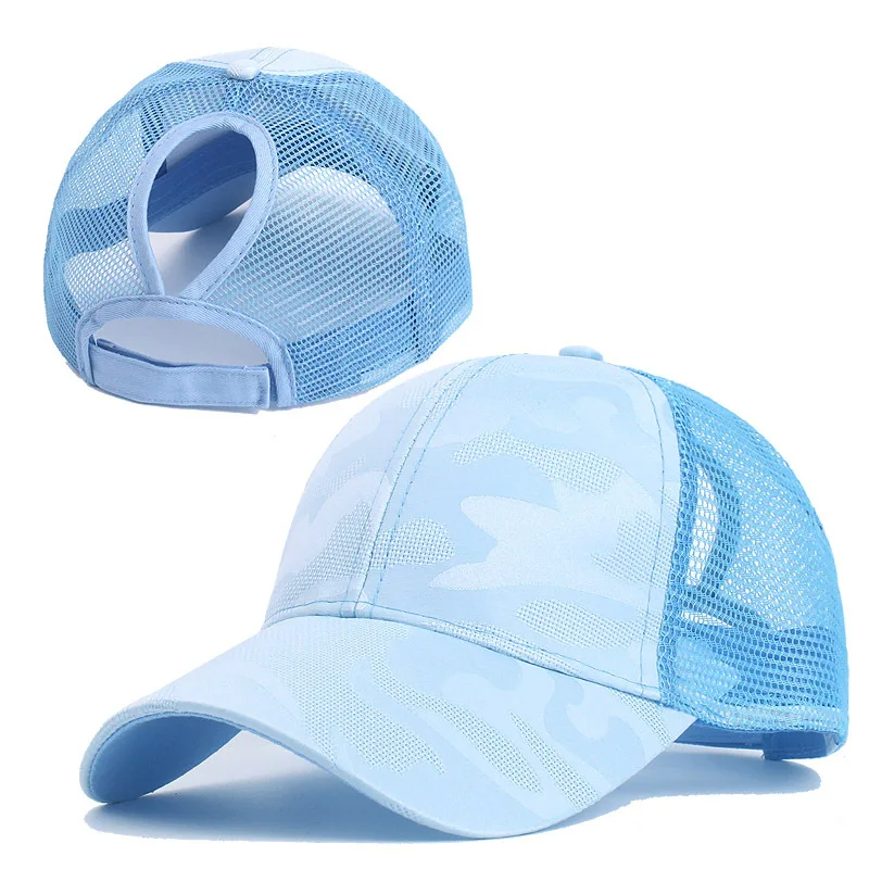 Camo print women's athletic cap with high ponytail slot opening and breathable mesh back panel